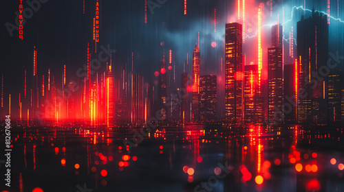 A cityscape with a bright red sky and a storm in the distance