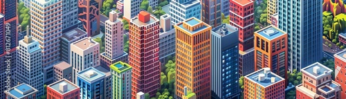 stunning pixel art illustration of a vibrant urban cityscape bustling with life  showcasing a variety of commercial and residential properties available for leasing