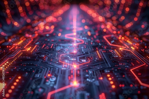 Futuristic image showing red neon glowing pathways on a complex electronic circuit board