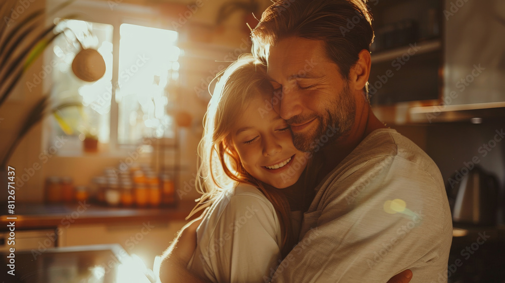 Father Embracing Daughter in Warm Kitchen Light Father Embracing Daughter in Warm Kitchen Light
