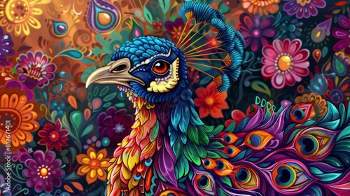 Colorful Peacock Illustration with Vibrant Floral Background