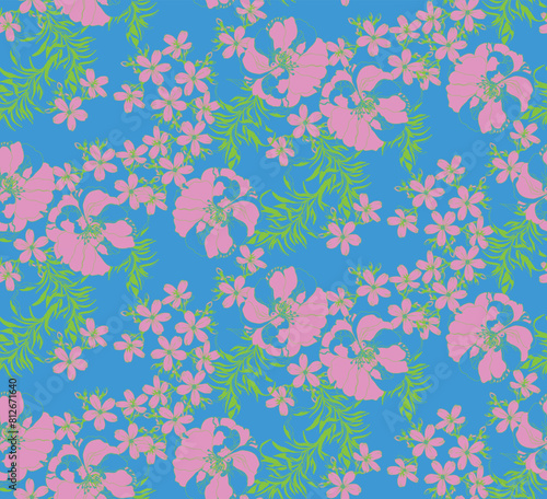 Seamless pattern of wildflowers on a blue background for wrapping paper, wallpaper, print and textile