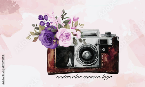 Hand drawing watercolor camera with flower. Perfect for photography logo. Watercolor illustration.