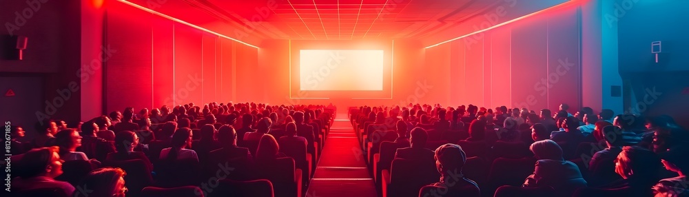 Obraz premium Thrilling Cinema Premiere Draws Captivated Audience in Vibrant Red Lighting