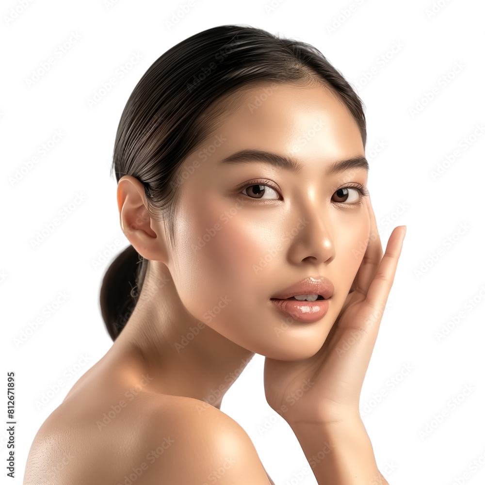 Obraz premium Asain woman with a perfect face touching her beauty skin, beauty concept, isolate on transparent background