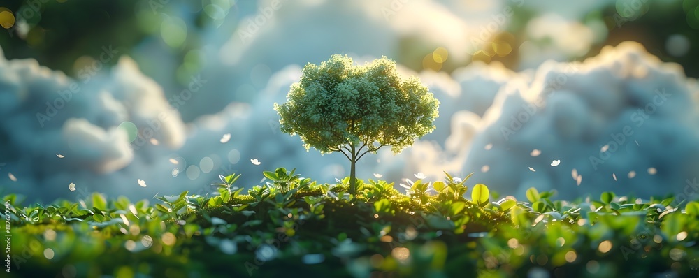 Flourishing Tree in Lush Emerald Landscape Amidst Sunlit Greenery Symbolizing Environmental Monitoring and Sustainability