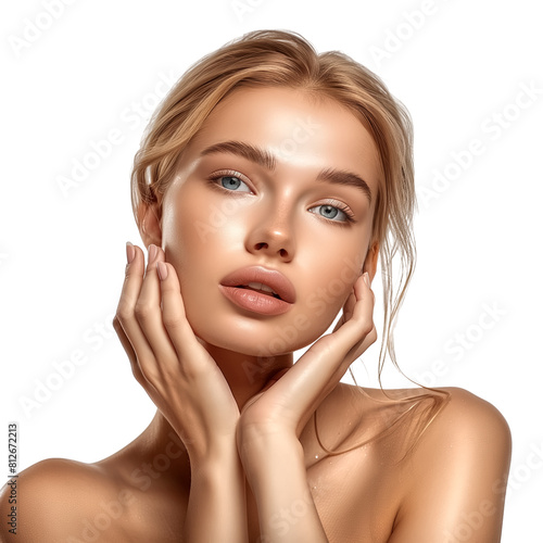 A woman with a perfect face touching her skin, spa and beauty concept, isolate on transparent background