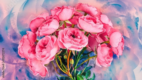 Wallpaper Mural watercolor pink rose flower bouquet Torontodigital.ca
