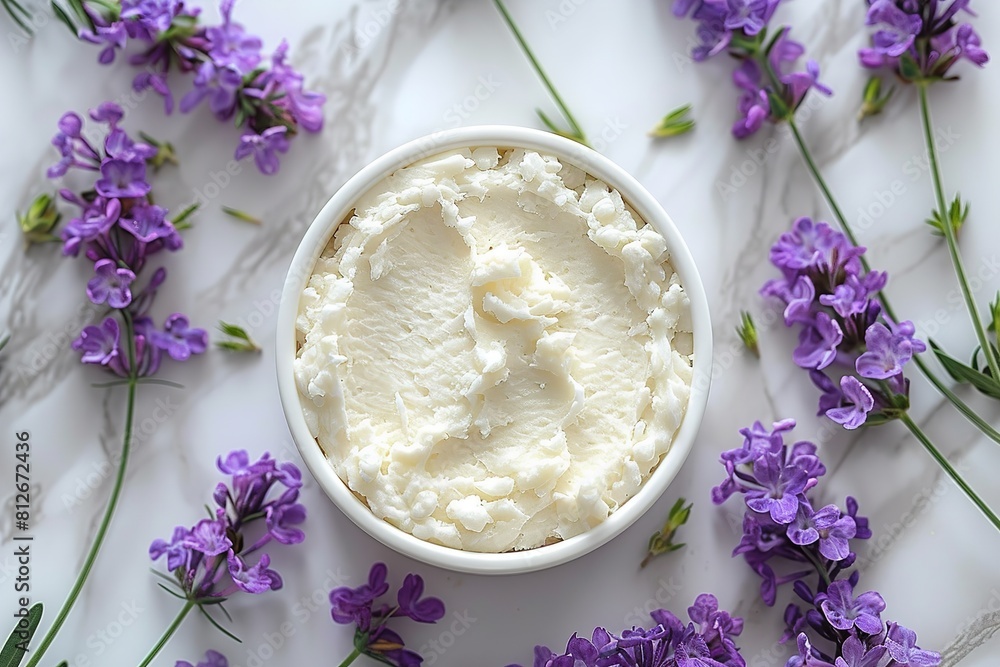 A bowl filled with lavender whipped cream is surrounded by blooming purple flowers in a vibrant and colorful display A bowl filled with lavender whipped cream is surrounded by blooming purple flowers in a vibrant and colorful display