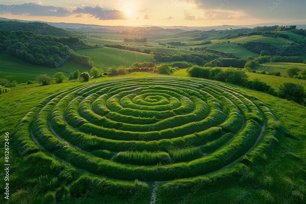 A stunning overhead view of a spiral garden captured during the golden light of sunset, showcasing nature's artistry and symmetry A stunning overhead view of a spiral garden captured during the golden light of sunset, showcasing nature's artistry and symmetry