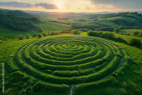 A stunning overhead view of a spiral garden captured during the golden light of sunset, showcasing nature's artistry and symmetry