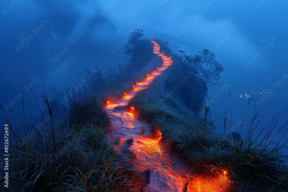 The mist-shrouded trail through mountain terrain, bathed in hauntingly beautiful glowing lights