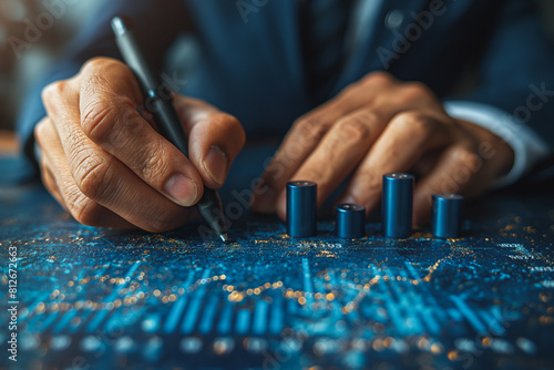 A man is writing with a pen on a blue surface