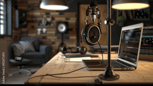 A sleek setup in the studio modern headphones and a laptop on a wooden table with a minimal background and a microphone standing nearby  Generated by AI