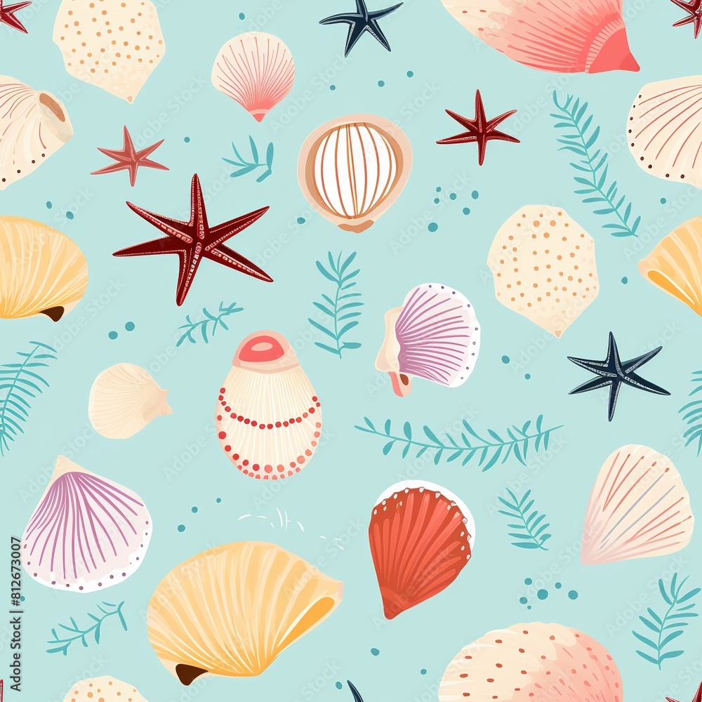 Seamless marine pattern, design, wallpaper, print, textiles. A set of shells and starfish on a blue background. Flat cartoon style. A collection for summer holidays, tropical beach shells. Seamless marine pattern, design, wallpaper, print, textiles. A set of shells and starfish on a blue background. Flat cartoon style. A collection for summer holidays, tropical beach shells.