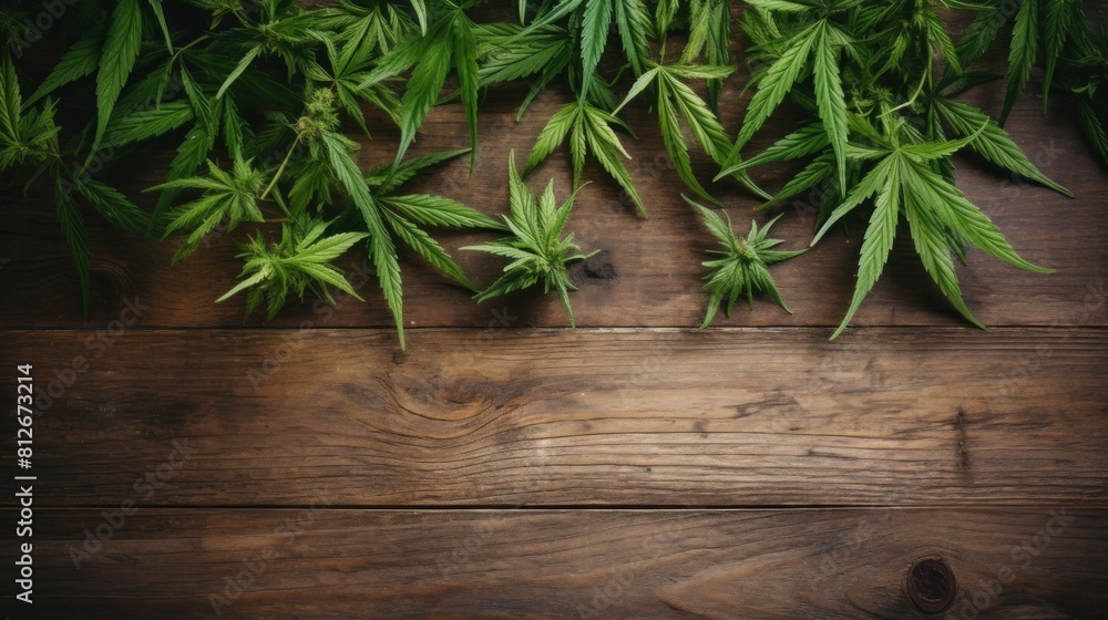 A Marijuana Plant Leaves and Buds on Rustic Wooden Table Background A Marijuana Plant Leaves and Buds on Rustic Wooden Table Background
