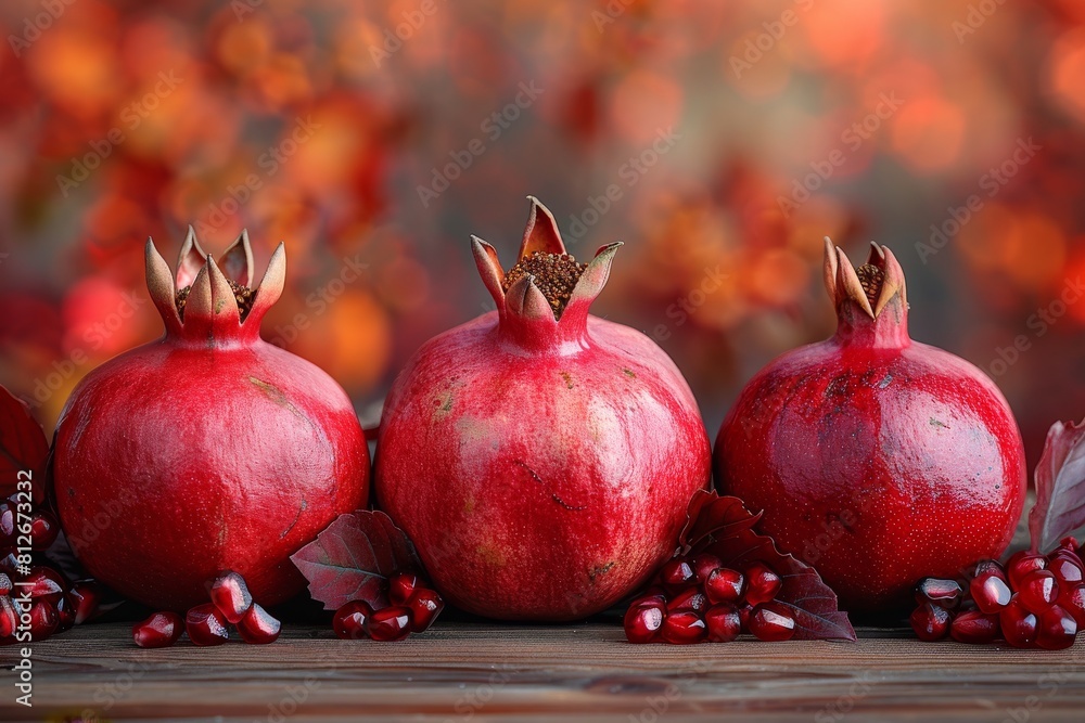 Three whole pomegranates set against a backdrop of vivid autumn leaves with a warm tone Three whole pomegranates set against a backdrop of vivid autumn leaves with a warm tone
