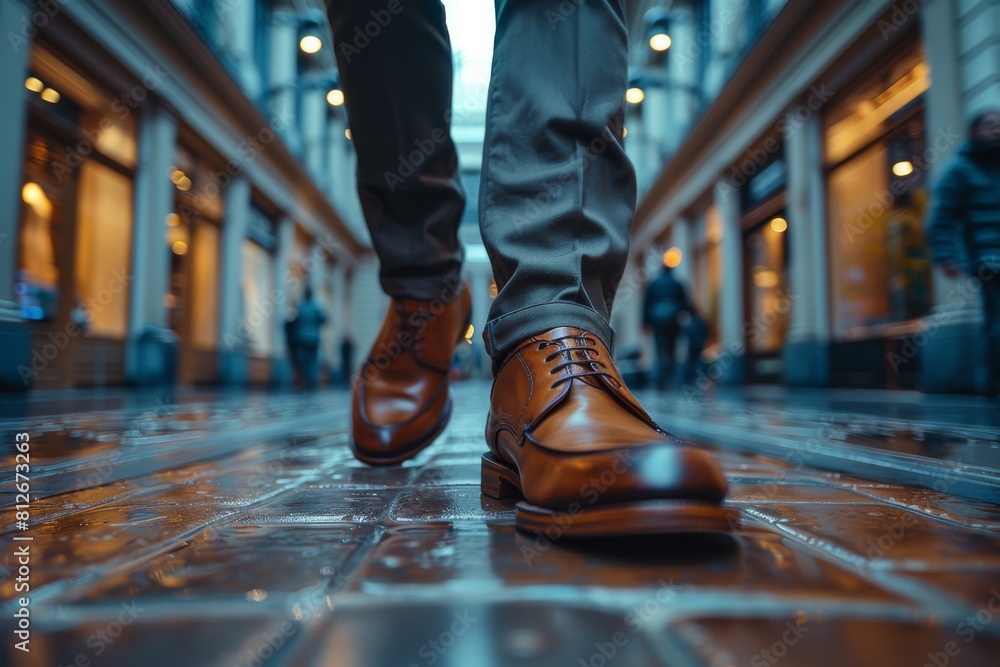A low angle shot captures a man walking in stylish leather shoes on wet reflective city ground in an urban alley A low angle shot captures a man walking in stylish leather shoes on wet reflective city ground in an urban alley