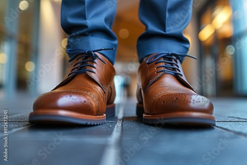 A man's feet clad in brown leather brogues standing on an urban pavement, focused on the shoes with a blurred background