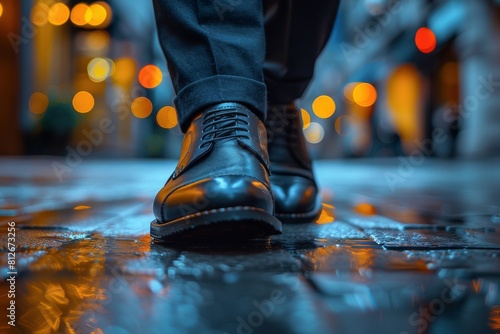 A man's black shoes stepping on a wet cobblestone street, reflecting city lights