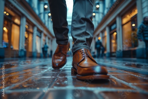 A low angle shot captures a man walking in stylish leather shoes on wet reflective city ground in an urban alley