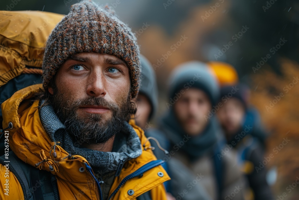 A close-up of a bearded hiker in a knitted hat and yellow jacket, with blurred group members behind in a cold setting A close-up of a bearded hiker in a knitted hat and yellow jacket, with blurred group members behind in a cold setting