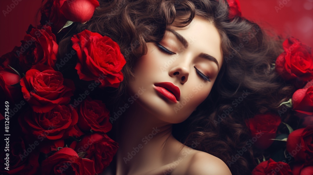 Stunning woman enveloped in the enchanting allure of deep mysterious beauty surrounded by a breathtaking array of red roses. Stunning woman enveloped in the enchanting allure of deep mysterious beauty surrounded by a breathtaking array of red roses.