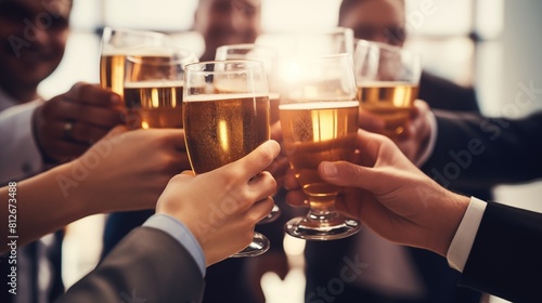 Colleagues in a business team raise glasses  toasting with beer  symbolizing a joyous and collective celebration of success and achievement.