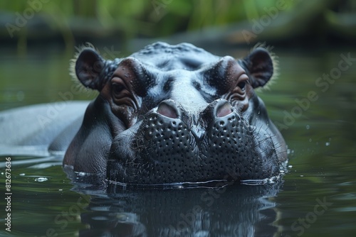 A detailed image of a hippo's face peering out from tranquil waters, showcasing its eyes and snout