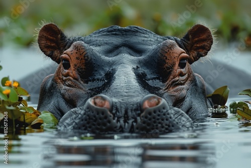 This image captures a submerged hippo in a natural water habitat, with focus on its alert eyes