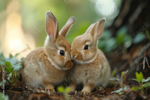 Two adorable rabbits cuddle in a serene forest setting, showcasing wildlife intimacy © anatolir