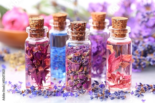 Glass bottles filled with lavender essential oil  showcasing various sizes and shapes on a neutral background