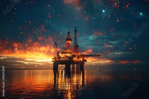 An exquisite image featuring an offshore drilling rig under a breathtaking starry night sky, evoking a sense of wonder