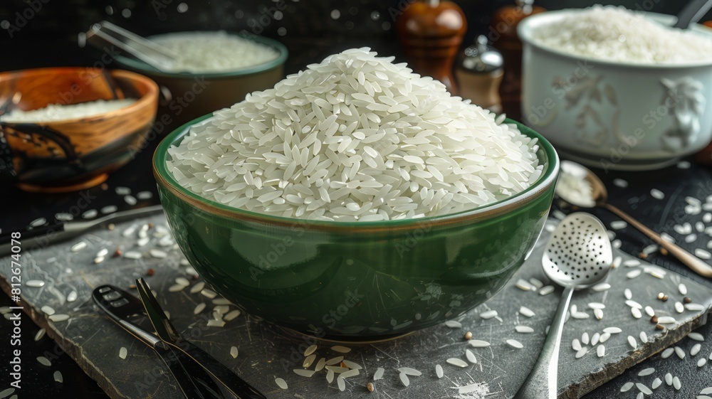 White rice in a green bowl, it sits on a rustic gray table with kitchen utensils around it. White rice in a green bowl, it sits on a rustic gray table with kitchen utensils around it.