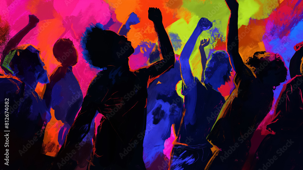 Abstract lively party scene, bursting with bright, colorful silhouettes of people dancing, symbolizing energy and celebration.