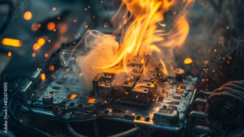 Circuit board and various electronic components engulfed in intense flames and smoke, depicting damage and destruction.