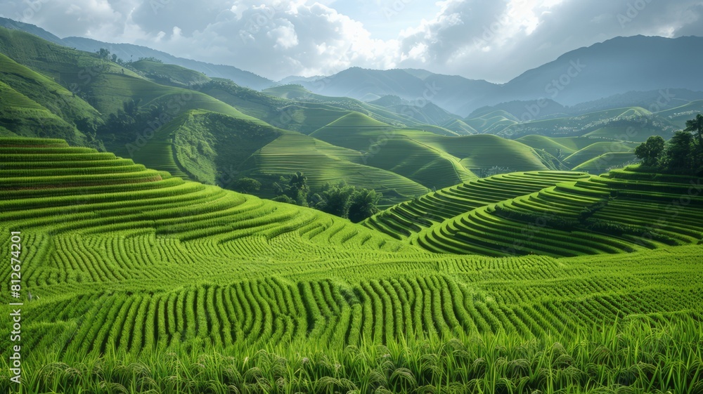 Rice fields, terraces, plantations, farms. Organic Asian rice farm and agriculture. Young rice