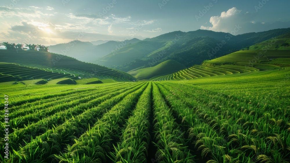 Rice fields, terraces, plantations, farms. Organic Asian rice farm and agriculture. Young rice