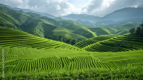 Rice fields  terraces  plantations  farms. Organic Asian rice farm and agriculture. Young rice
