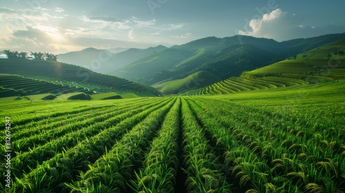 Rice fields  terraces  plantations  farms. Organic Asian rice farm and agriculture. Young rice