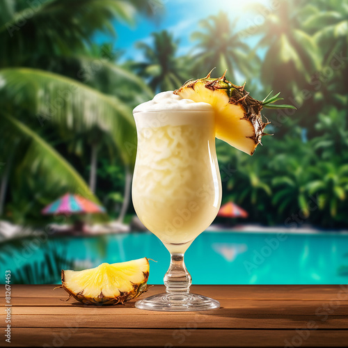 Generative AI: cold Pina Colada with pineapple in front of a tropical pool © William