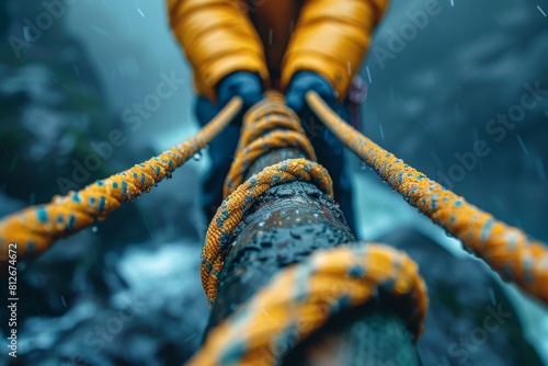 Hyper-detailed macro shot of a wet rope bridge set against bold yellow hiking boots representing adventure and resilience photo