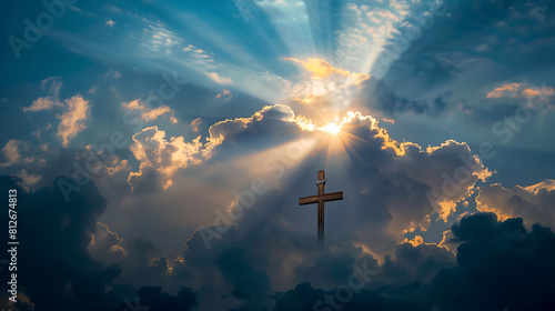 Heaven Summit Cross: Inspiring Christian Image with Sunlight Breaking Through Clouds