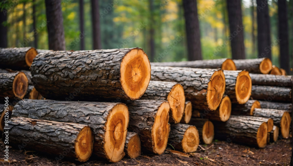 Forest Harvest, Stacks of Cut Wooden Logs Ready for Processing