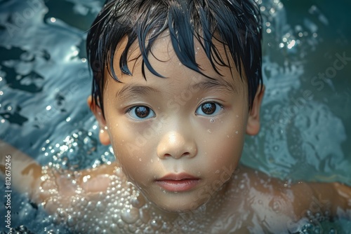 Close-up of a young boy with water droplets on his face during playtime in a pool