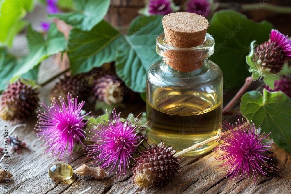 Rustic setup displaying burdock oil in a small bottle with purple flowers and seeds Rustic setup displaying burdock oil in a small bottle with purple flowers and seeds