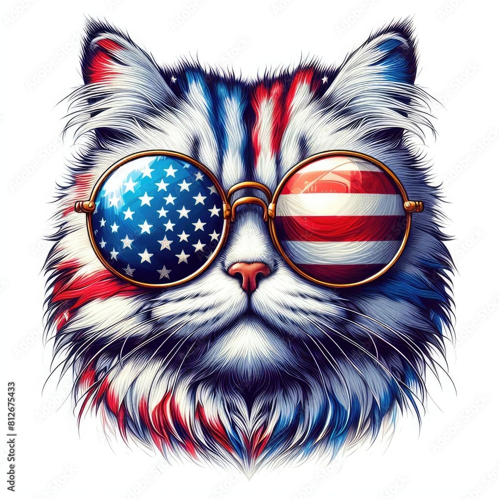 A cat wearing sunglasses with american American flag in it art photo lively has illustrative meaning illustrator.