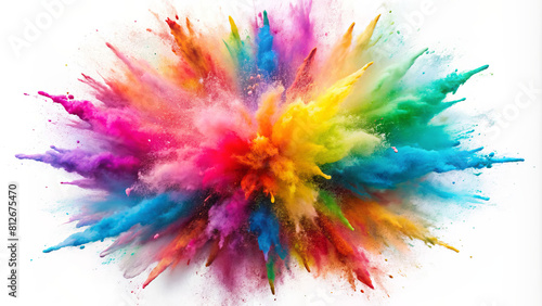 Explosion splash of colorful powder with freeze isolated on white background, abstract splatter of colored dust powder.