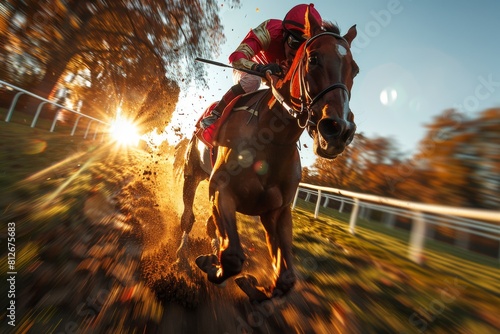 An intense moment captured in a horse race with a jockey in vibrant colors against a dusky sky