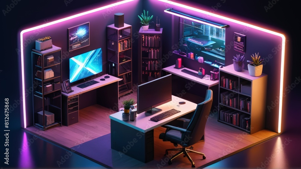 3D cutout, indoor, cyberpunk themed home office. stereoscopic perspective